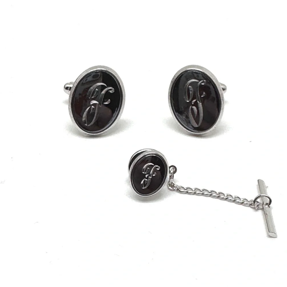Vintage Anson F Engraved Silvertone Cufflinks and Tie Tack Set with Black Inlay